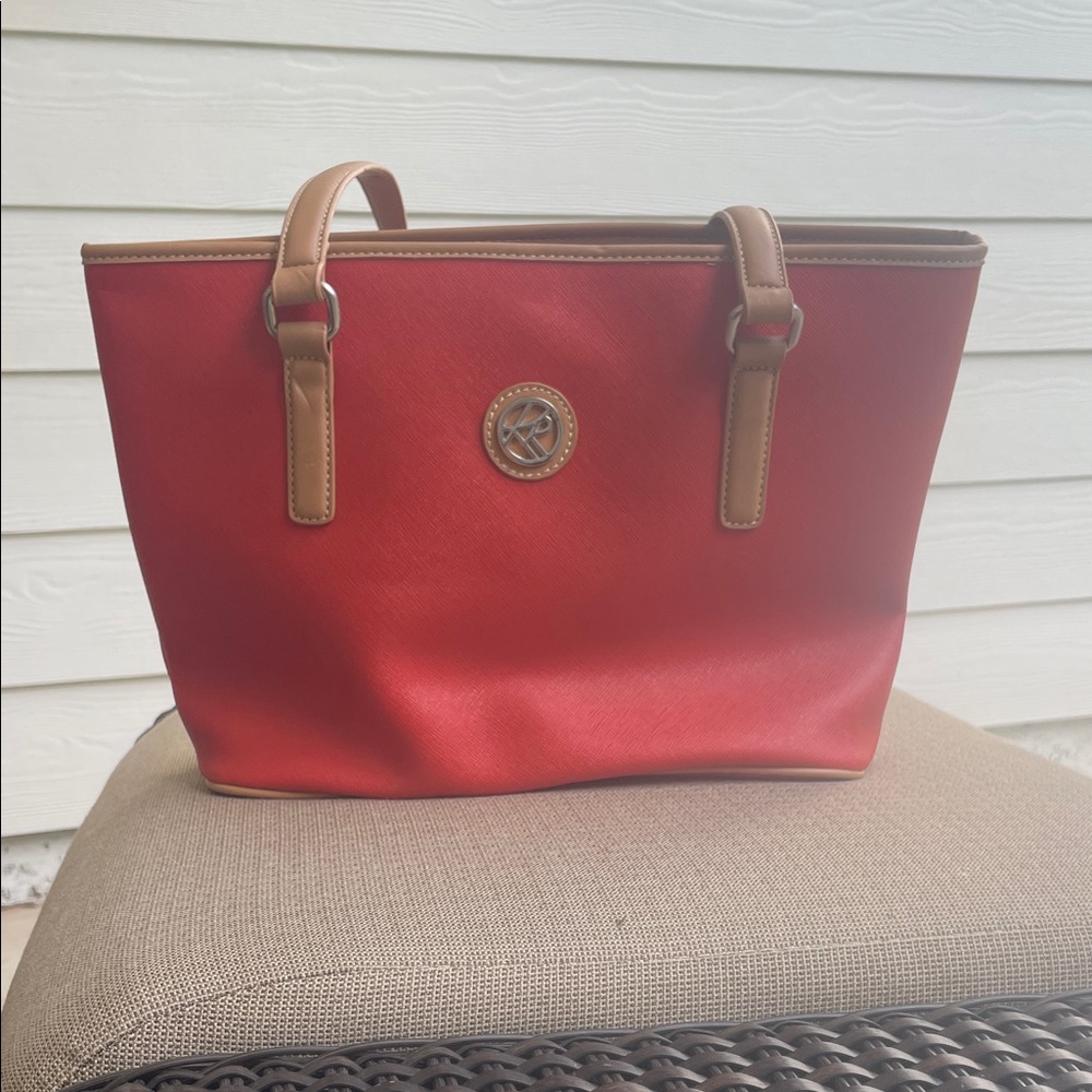 Kim Rogers Pink/red Tote with Tan Handles, great condition